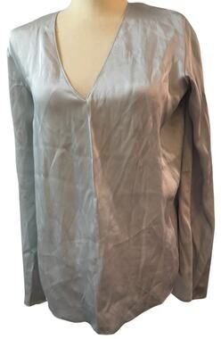 Giada Forte Silk Feel V-Neck Blouse, Gray Long Sleeve, Made In Italy, Medium